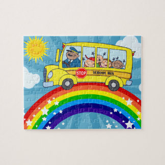 Puzzle Autobus scolaire conduisant sur un arc-en-ciel