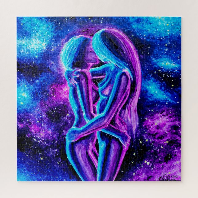 Puzzle Baiser lesbien en bleu et violet (Vertical)