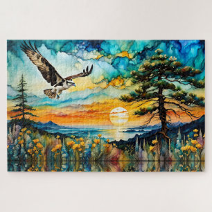 Puzzle Balbuzard pêcheur en vol au-dessus des fleurs sauv