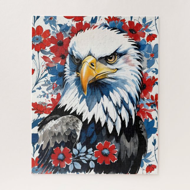 Puzzle Bald Eagle Rouge Blanc et Bleu Floral USA (Vertical)