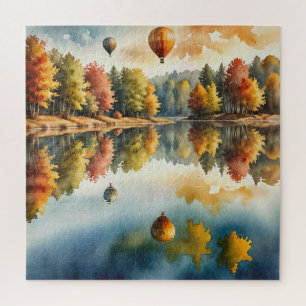 Puzzle Ballons à air chaud survolant un lac d'automne