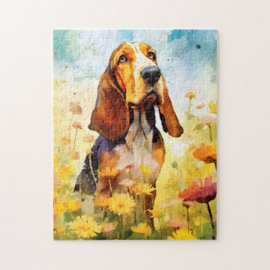 Puzzle Basset Hound aquarelle colorée artwork