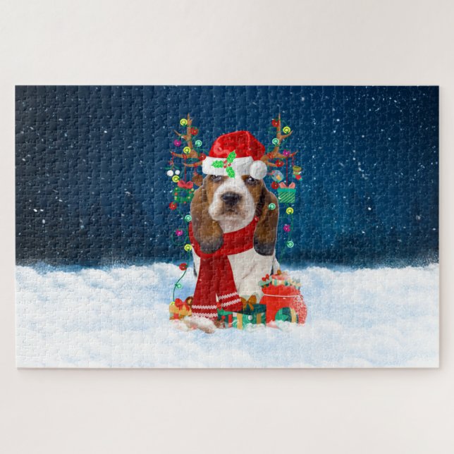 Puzzle Basset Hound chien avec cadeaux de Noël (Horizontal)