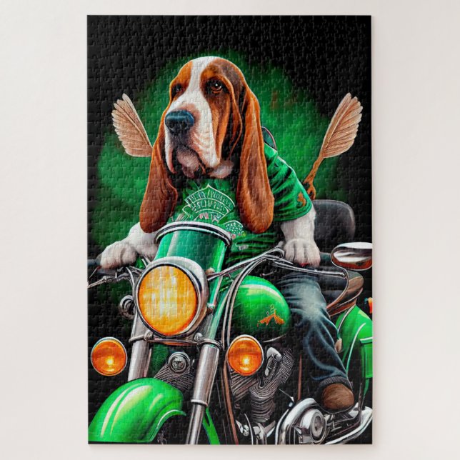 Puzzle Basset Hound Chien conduisant vélo St. Patrick's D (Vertical)