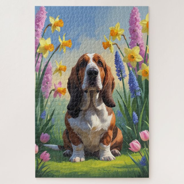 Puzzle Basset Hound Chien Fleurs de printemps Peinture (Vertical)