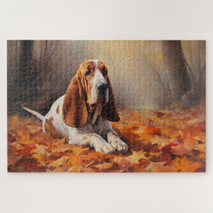 Puzzle Basset Hound dans les feuilles d'automne qui tombe