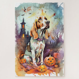 Puzzle Basset Hound d'Halloween avec citrouilles effrayan