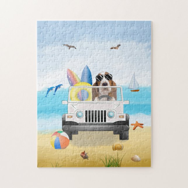 Puzzle Basset Hound Dog Driving on Beach (Vertical)
