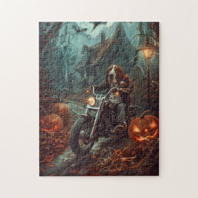 Puzzle Basset Hound équitation moto Halloween effrayant (Vertical)