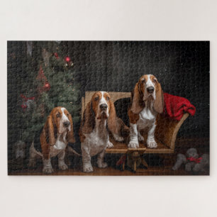 Puzzle Basset Hound Neigeux Traîneau Décor Noël
