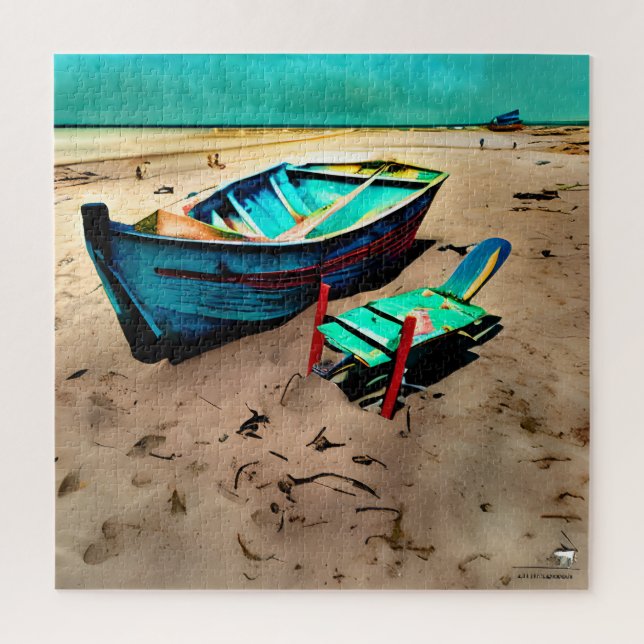 Puzzle Bateau turquoise sur une plage de sable (Vertical)