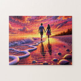 Puzzle Beachside Romance Couple Sunset Walk By the Sea