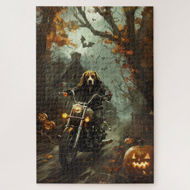 Puzzle Beagle à moto Halloween effrayant (Vertical)