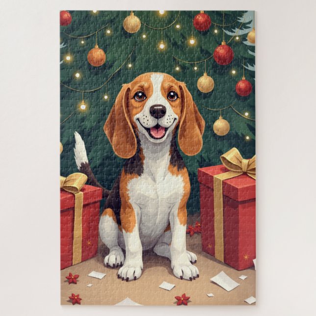 Puzzle Beagle Christmas Morning Gift-Unboxing Painting (Vertical)