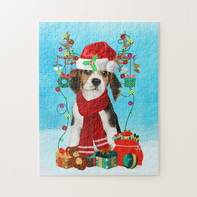 Puzzle Beagle dans la neige avec cadeaux de Noël (Vertical)