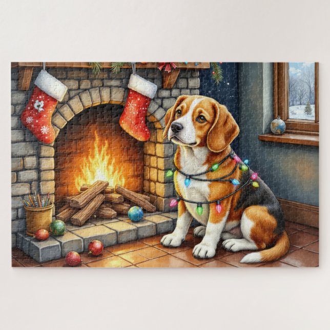 Puzzle Beagle Sitting by Fireplace with Christmas Lights (Horizontal)