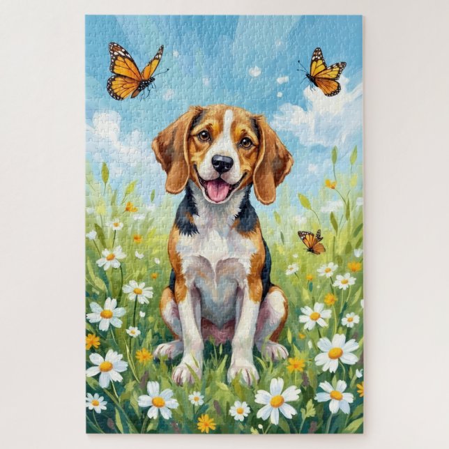 Puzzle Beagle Spring Meadow Floral Dog (Vertical)