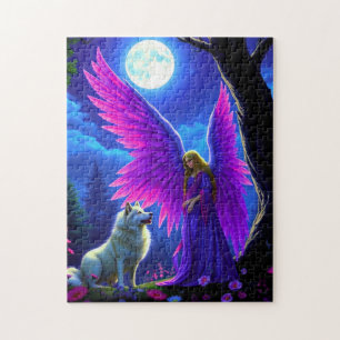 Puzzle Beau ange avec de grandes ailes violettes rencontr