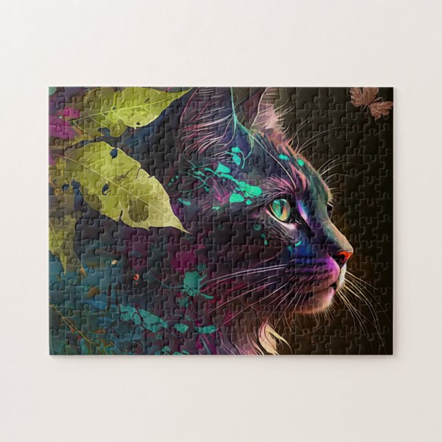 Puzzle Beau chat avec feuillage - Art IA (Horizontal)