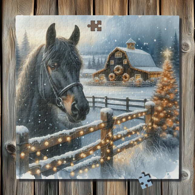 Puzzle Beau Cheval Noir Festif à la ferme Noël (Créateur téléchargé)