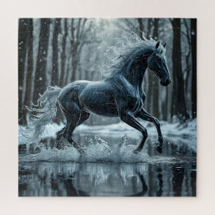 Puzzle Beau Cheval Noir Galopant Dans L'Eau