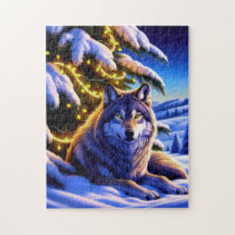 Beau et majestueux loup par sapin de Noël