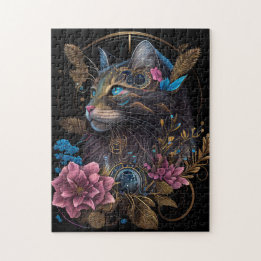 Puzzle Beau steampunk Maine Coon avec fleurs IA art