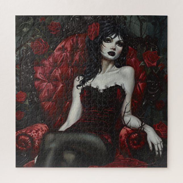 Puzzle Beauté gothique sur fauteuil rouge (Vertical)
