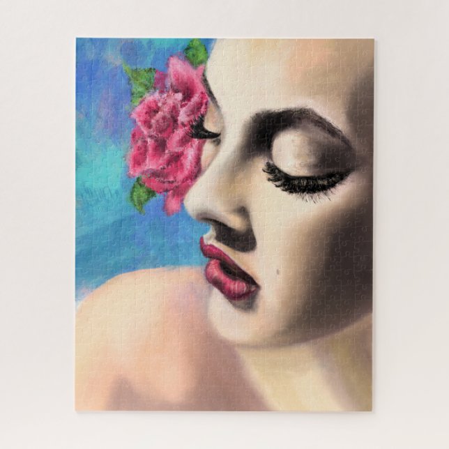Puzzle Beauty Woman avec Rose rouge - Art de la peinture  (Vertical)