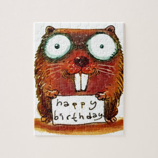 Puzzle beaver tient joyeux message d'anniversaire dessin