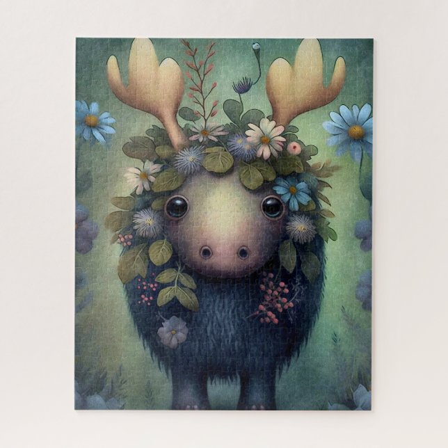 Puzzle Bébé mignon Moose Bleu Fleurs blanches Peinture (Vertical)