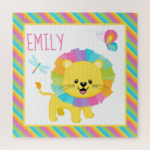 Puzzle Bébés mignons Lion arc-en-ciel sur motif rayures c