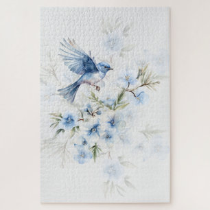 Puzzle Bel Atterrissage de Merlebleu sur des Fleurs Bleue