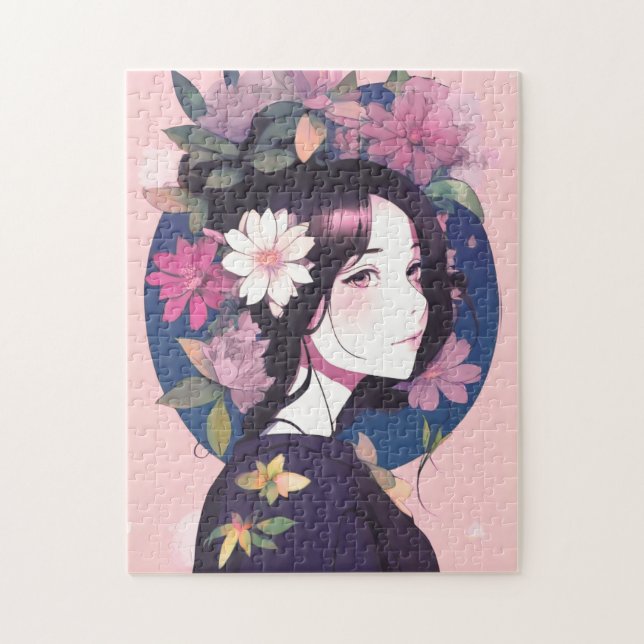 Puzzle Belle Anime Girl couronnée de fleurs (Vertical)