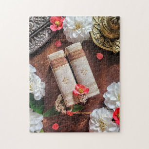 Puzzle Belle bibliothèque de vieux livres & Camélias