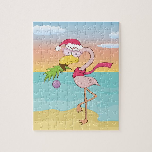 Puzzle Belle caricature Flamingo de Noël sur la plage (Vertical)