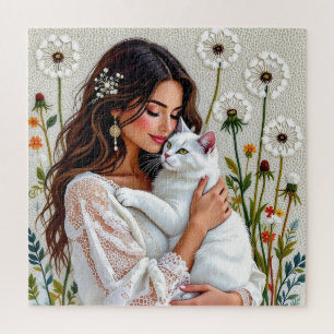 Puzzle Belle femme, chat et pissenlits