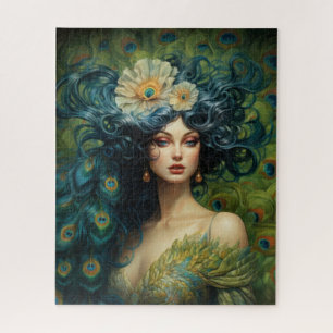 Puzzle Belle femme entourée de plumes de paon