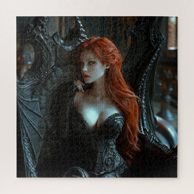 Puzzle Belle femme gothique sur la chaise Dragon (Vertical)