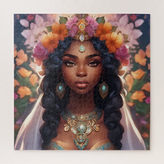 Puzzle Belle femme noire portant une couronne florale (Vertical)