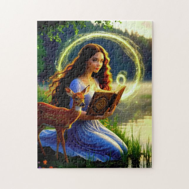 Puzzle Belle Jeune Femme Assis avec le Cerf et Lis (Vertical)