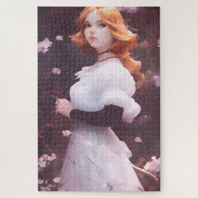 Puzzle Belle Jeune Fille Parmi Les Fleurs Roses Portrait (Vertical)