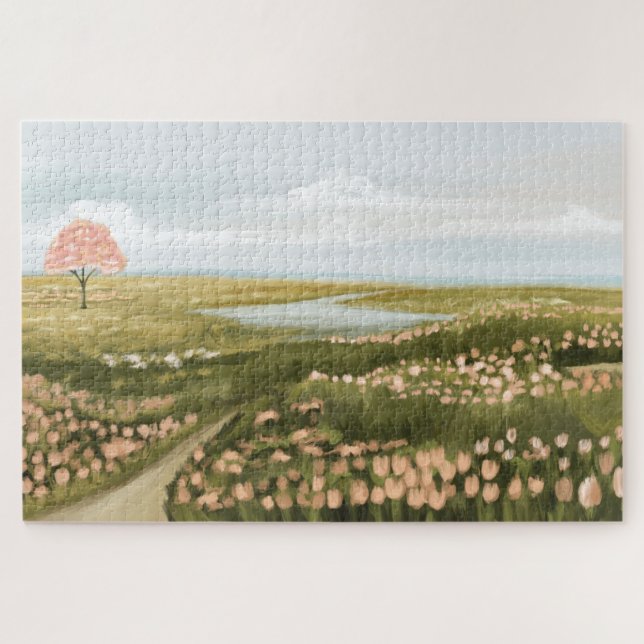 Puzzle Belle peinture à l'huile Floral Meadow Path & Lake (Horizontal)