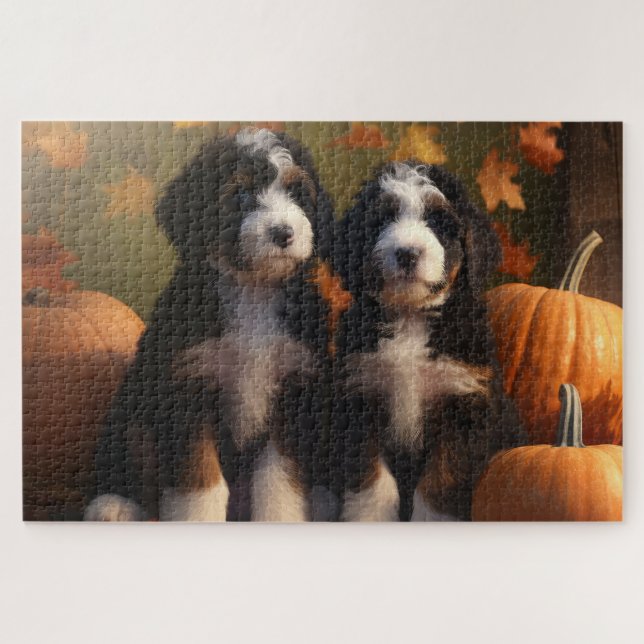 Puzzle Bernedoodle Chiot Automne Citrouille de plaisir (Horizontal)