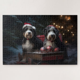 Puzzle Bernedoodle enneigé traîneau décor de Noël
