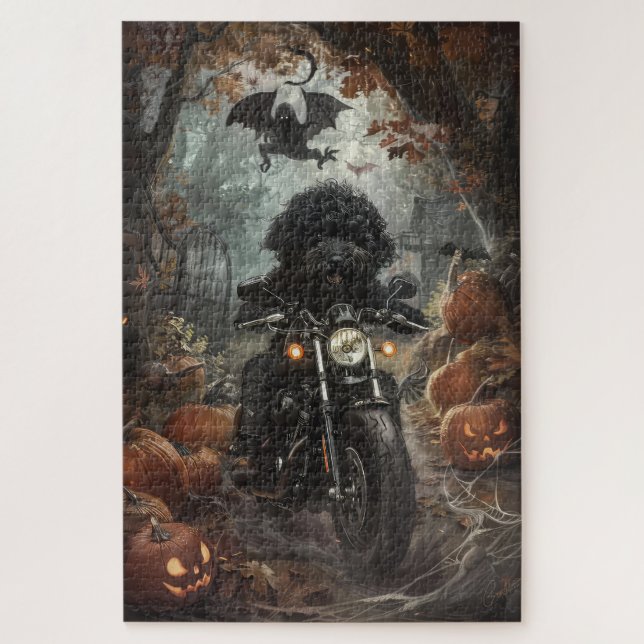 Puzzle Bernedoodle Riding Moto Halloween effrayant (Vertical)