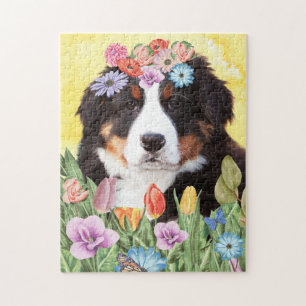 Puzzle Bernese Mountain Dog avec fleurs Printemps