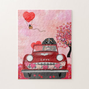 Puzzle Bernois Mountain Driving Car avec Coeurs Valentine