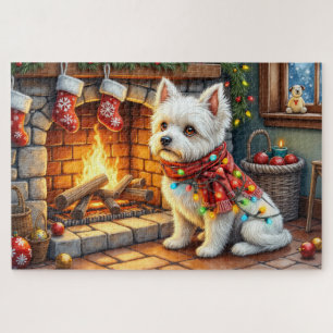 Puzzle Bichon Frise Cheminée avec Lumières de Noël