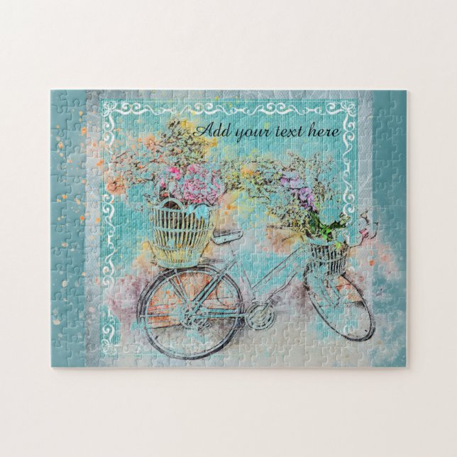 Puzzle Bicycle with flower baskets on blue burlap (Horizontal)